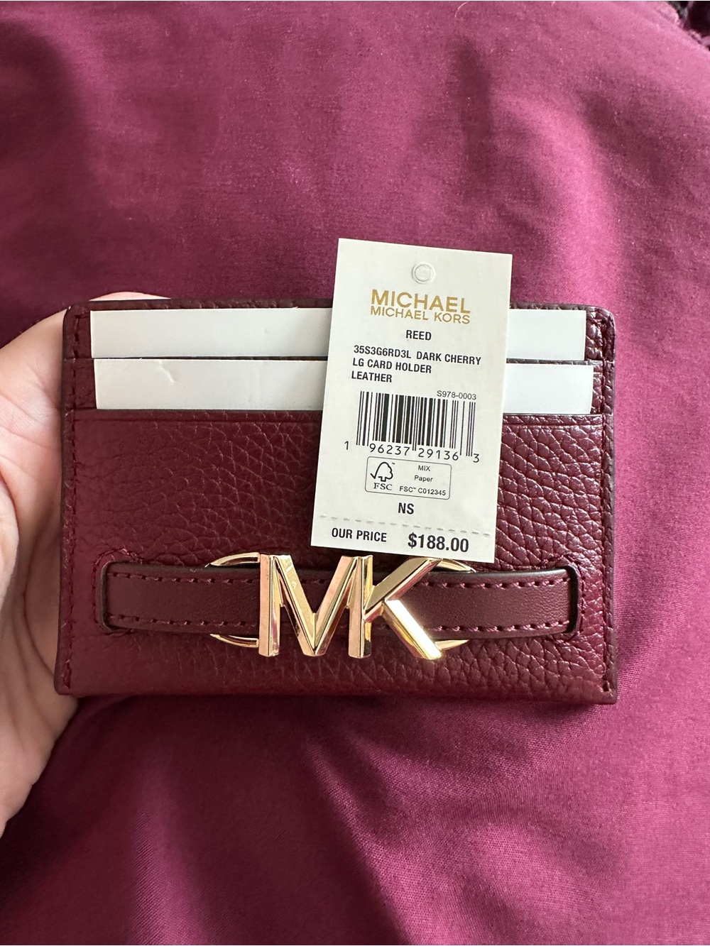 Michael Kors Dark Cherry Leather Card Holder with Gold MK Emblem - Picture 4 of 4